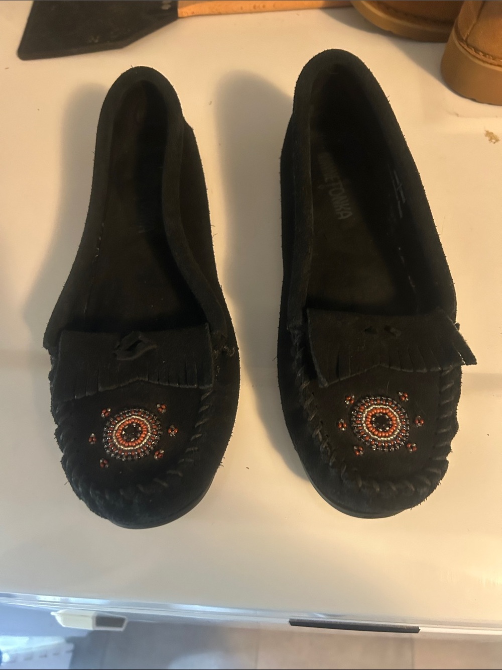 Minnetonka Black Beaded Fringe Moccasins
